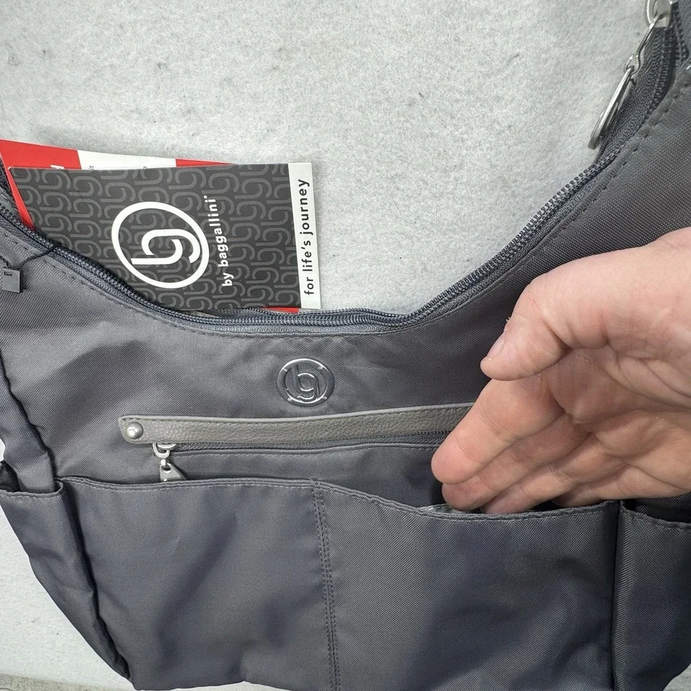 NEW Baggallini Phoenix Hobo Purse RFID Protected Grey Bag Adjustable Zip Pocket‎